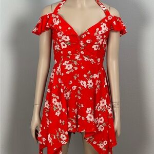 Honey Bum Chic Red Floral Halter Romper size small